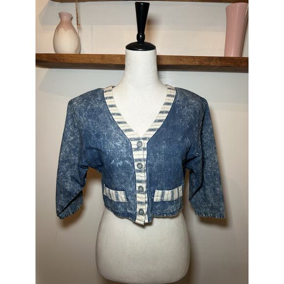 Vintage SWITCH USA Acid Wash Cropped Blue Denim Jacket Size Medium Fitted - Picture 5 of 10